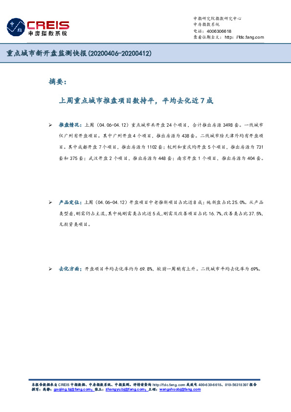 重点城市新开盘监测快报：上周重点城市推盘项目数持平，平均去化近7成