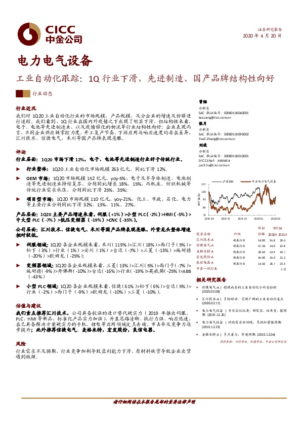 电力电气设备：工业自动化跟踪：1Q行业下滑，先进制造、国产品牌结构性向好