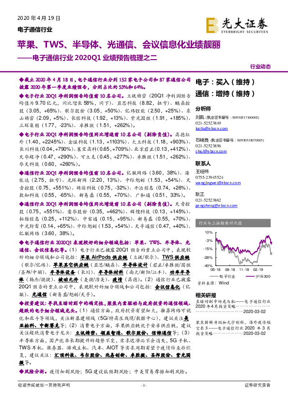 电子通信行业2020Q1业绩预告梳理之二：苹果、TWS、半导体、光通信、会议信息化业绩靓丽