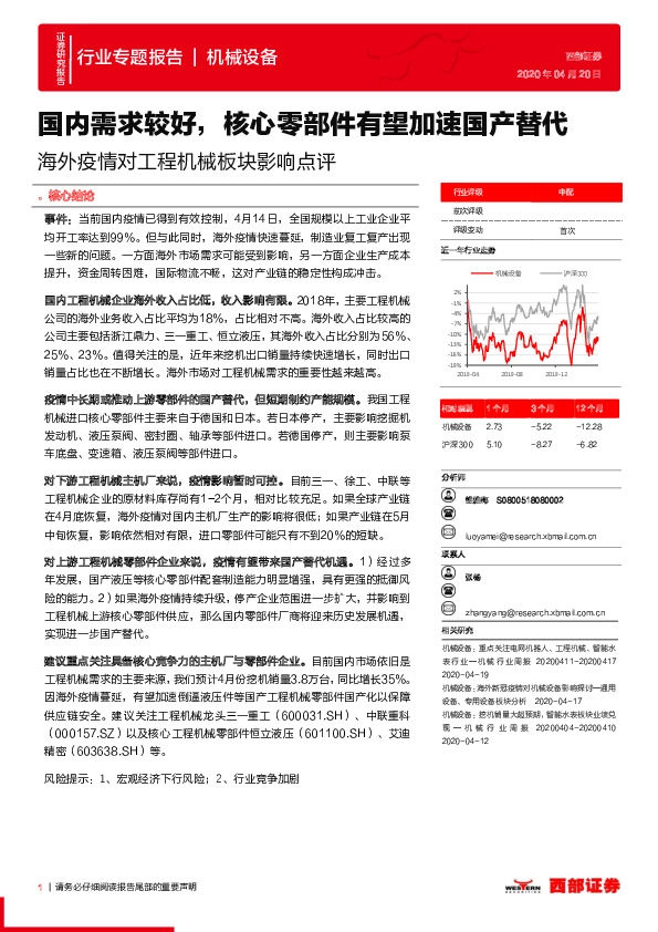 海外疫情对工程机械板块影响点评：国内需求较好，核心零部件有望加速国产替代