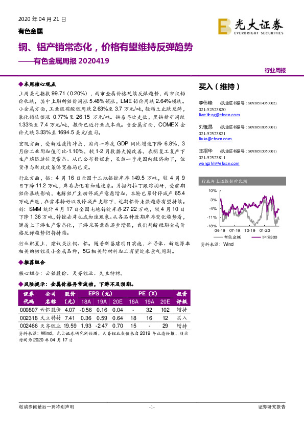有色金属周报：铜、铝产销常态化，价格有望维持反弹趋势