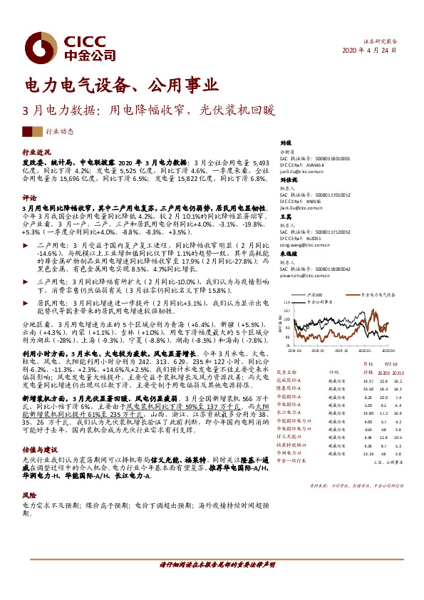 电力电气设备、公用事业行业动态：3月电力数据：用电降幅收窄，光伏装机回暖