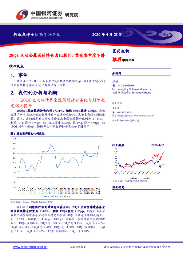 医药生物行业：20Q1主动公募医药持仓占比提升，重仓集中度下降