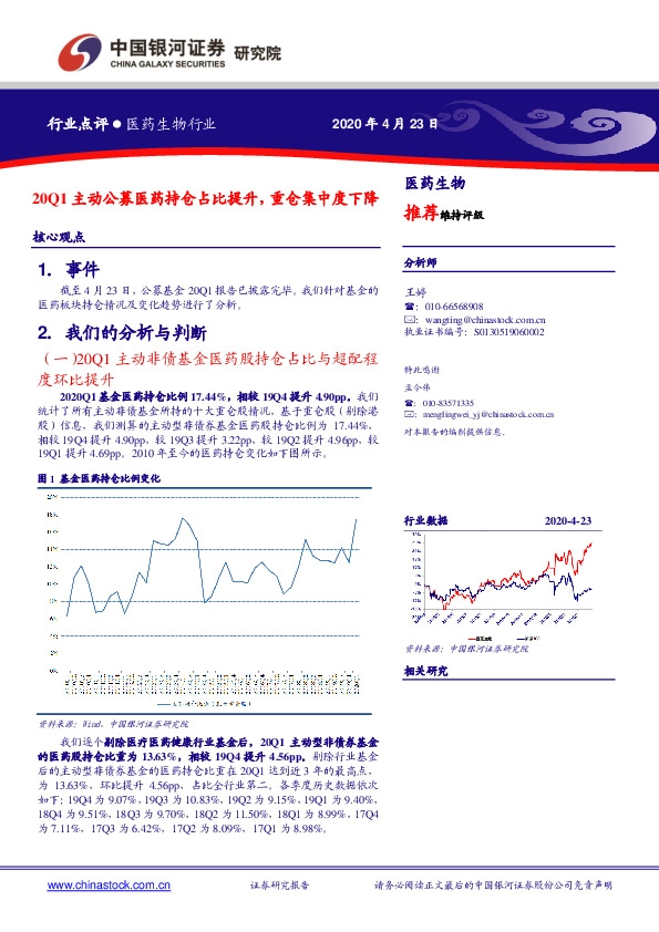 医药生物行业：20Q1主动公募医药持仓占比提升，重仓集中度下降
