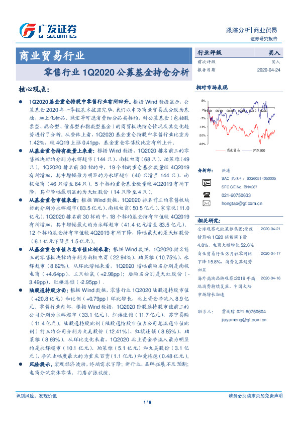 商业贸易行业-零售行业1Q2020公募基金持仓分析