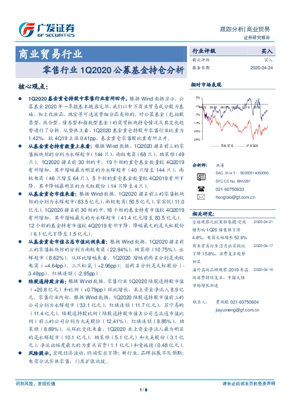 商业贸易行业-零售行业1Q2020公募基金持仓分析