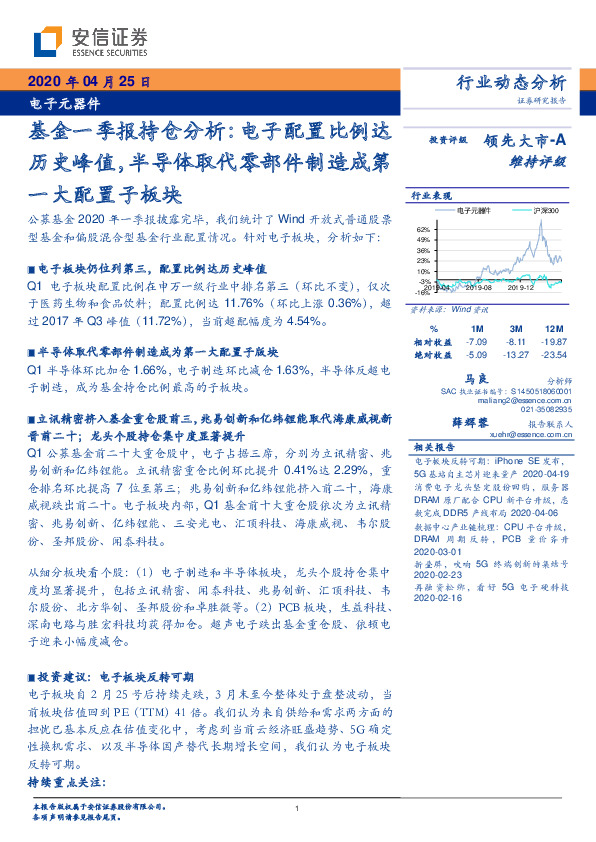 电子元器件基金一季报持仓分析：电子配置比例达历史峰值，半导体取代零部件制造成第一大配置子板块