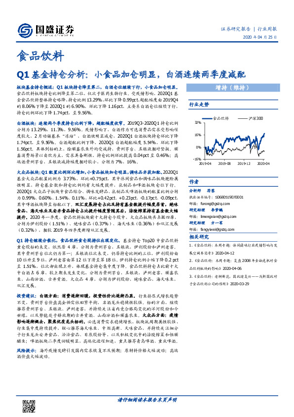 食品饮料行业周报：Q1基金持仓分析：小食品加仓明显，白酒连续两季度减配