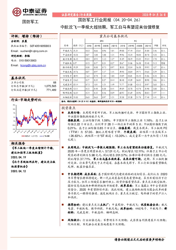 国防军工行业周报：中航沈飞一季报大超预期，军工白马有望迎来估值修复