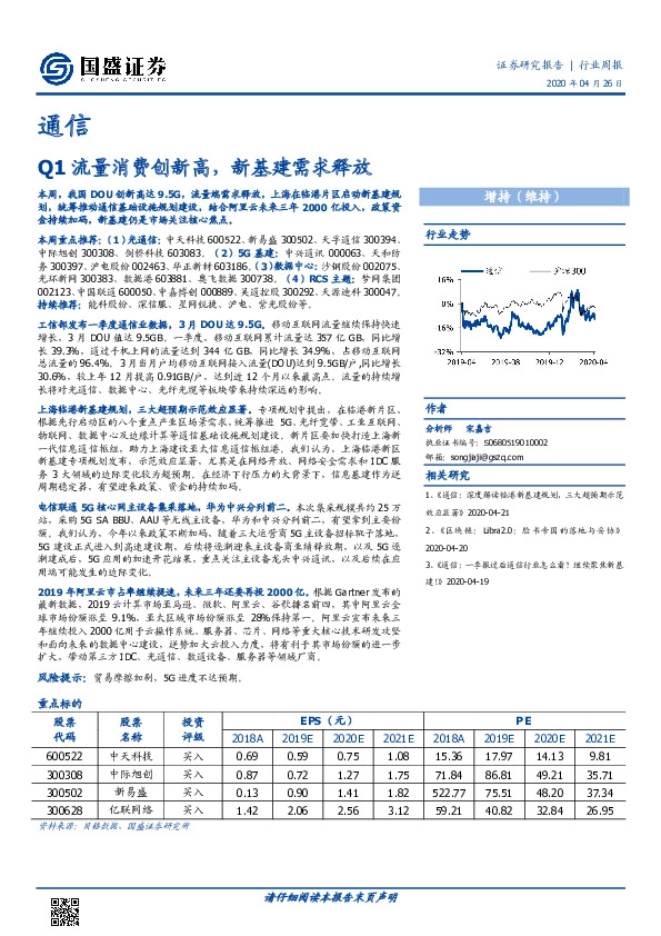 通信行业周报：Q1流量消费创新高，新基建需求释放