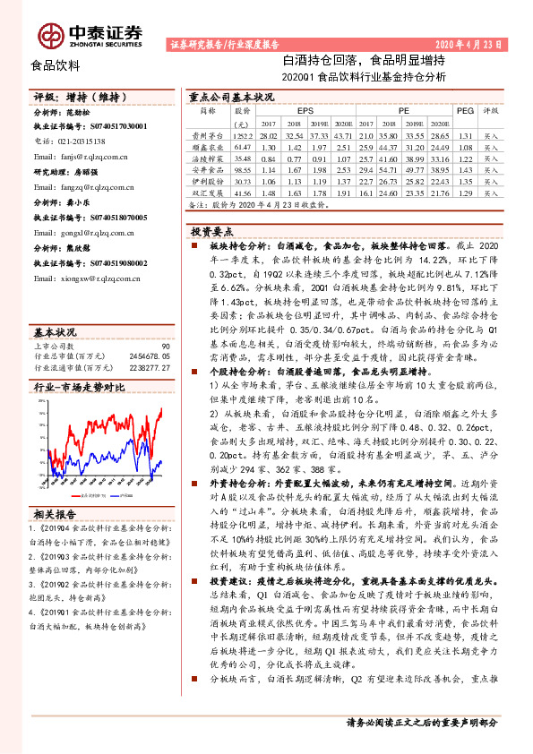 2020Q1食品饮料行业基金持仓分析：白酒持仓回落，食品明显增持