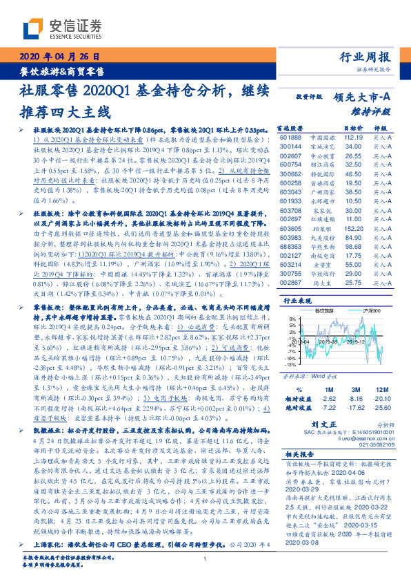 餐饮旅游&商贸零售：社服零售2020Q1基金持仓分析，继续推荐四大主线