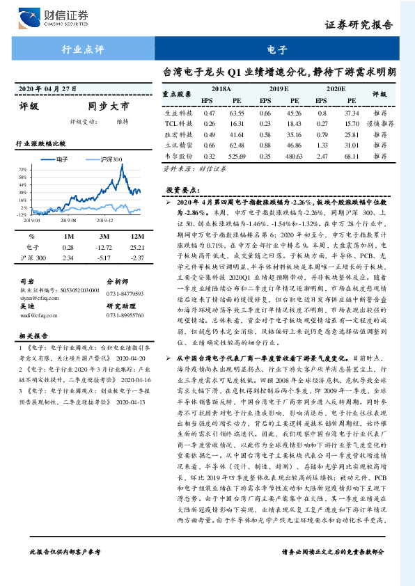 电子：台湾电子龙头Q1业绩增速分化，静待下游需求明朗