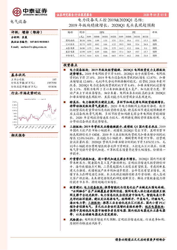 电力设备及工控2019&2020Q1总结：2019年版块稳健增长，2020Q1龙头表现超预期