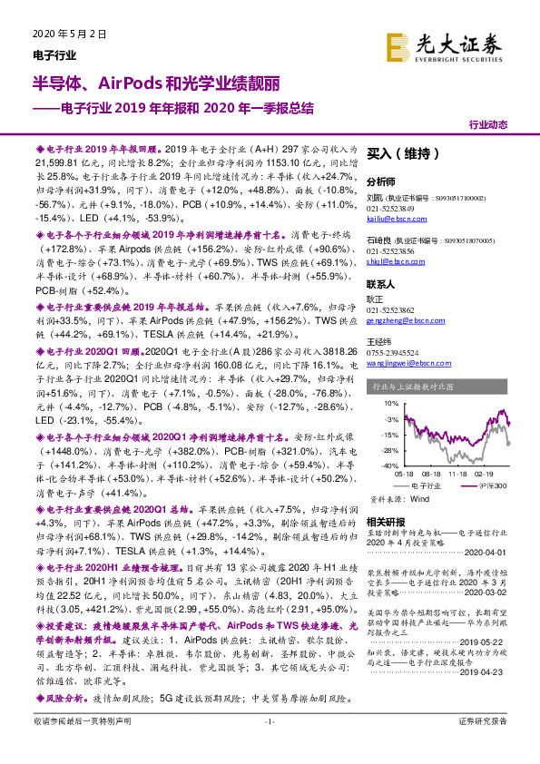 电子行业2019年年报和2020年一季报总结：半导体、AirPods和光学业绩靓丽