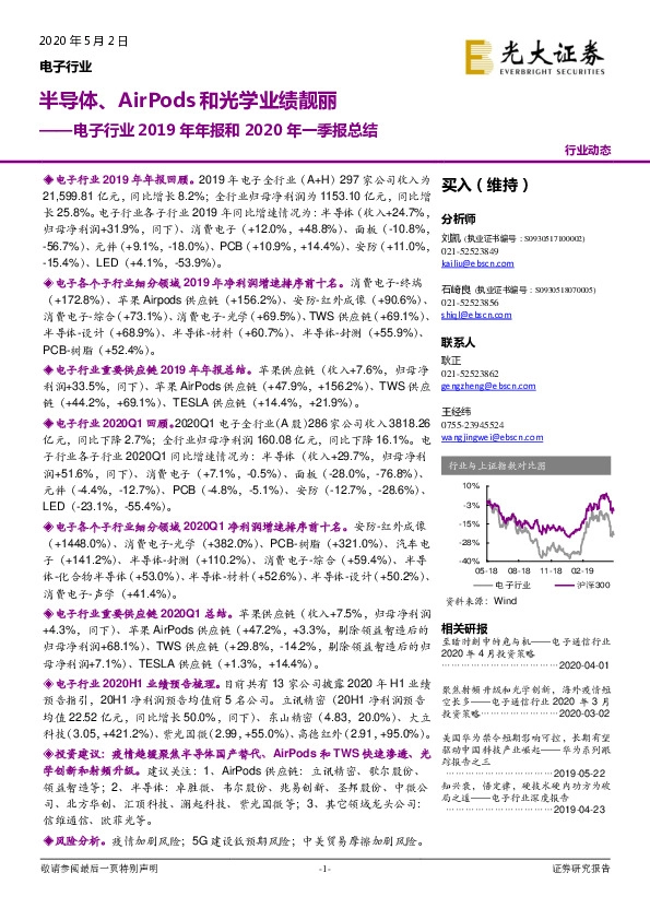 电子行业2019年年报和2020年一季报总结：半导体、AirPods和光学业绩靓丽