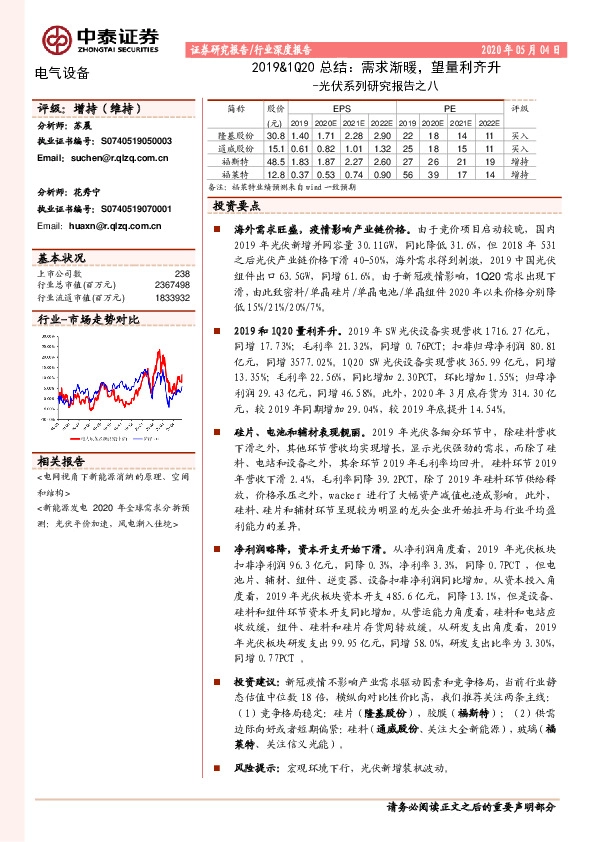 光伏系列研究报告之八：2019&1Q20总结：需求渐暖，望量利齐升
