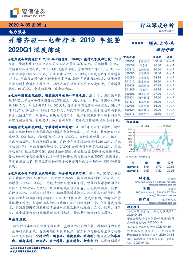 电新行业2019年报暨2020Q1深度综述：并辔齐驱