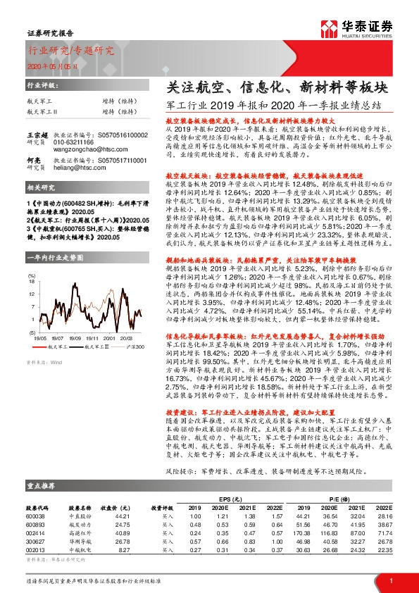军工行业2019年报和2020年一季报业绩总结：关注航空、信息化、新材料等板块