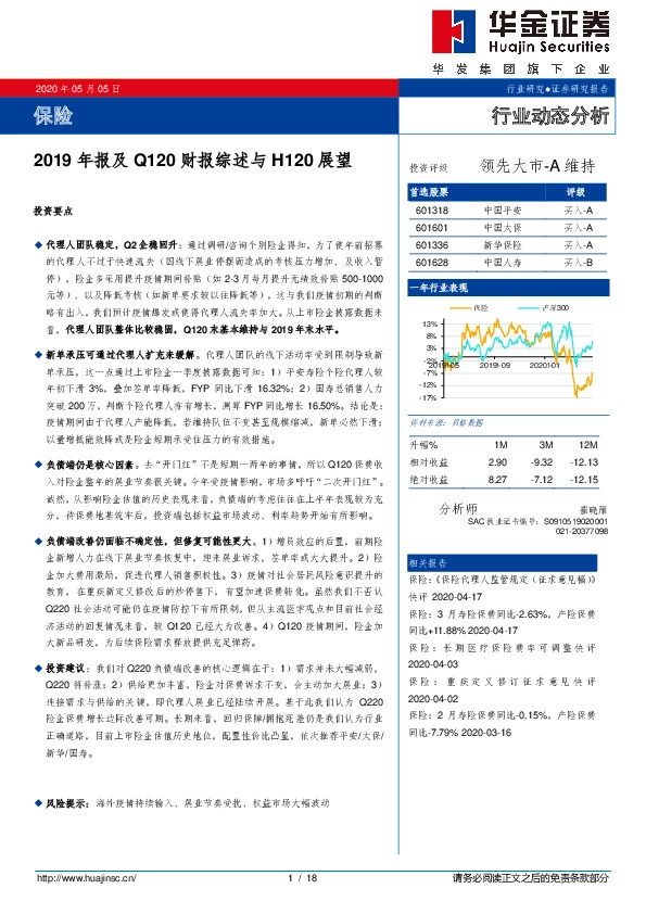 保险2019年报及Q120财报综述与H120展望