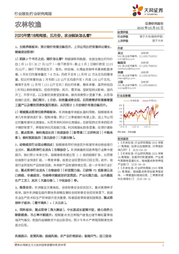 农林牧渔2020年第18周周报：五月份，农业板块怎么看？
