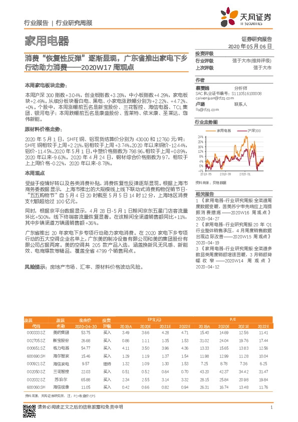 家用电器2020W17周观点：消费“恢复性反弹”逐渐显现，广东省推出家电下乡行动助力消费