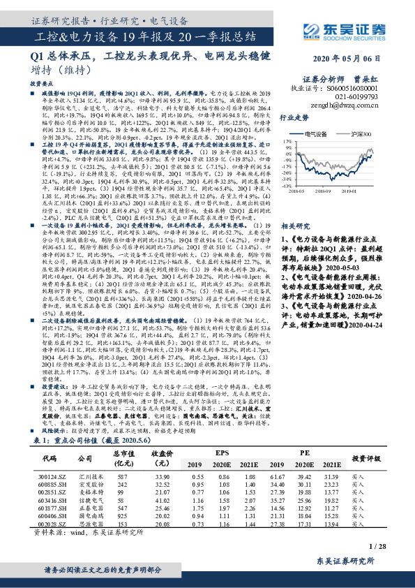 工控&电力设备19年报及20一季报总结：Q1总体承压，工控龙头表现优异、电网龙头稳健