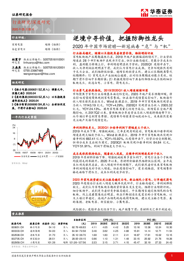 家用电器深度研究：2020年中国市场前瞻-新冠病毒“危”与“机”：逆境中寻价值，把握防御性龙头