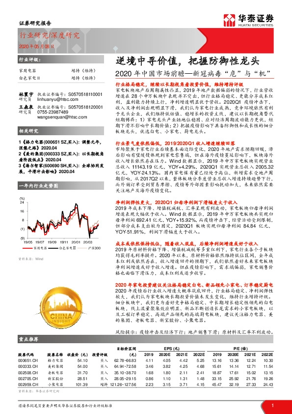 家用电器深度研究：2020年中国市场前瞻-新冠病毒“危”与“机”：逆境中寻价值，把握防御性龙头
