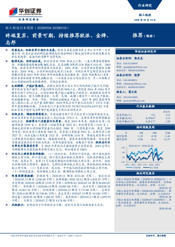 轻工制造行业周报：终端复苏，前景可期，持续推荐欧派、金牌、志邦