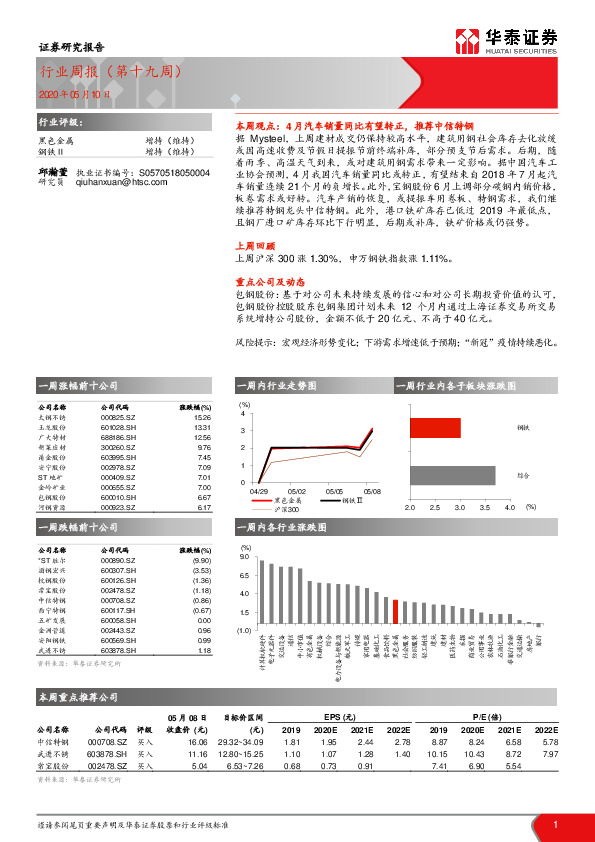 黑色金属行业周报（第十九周）