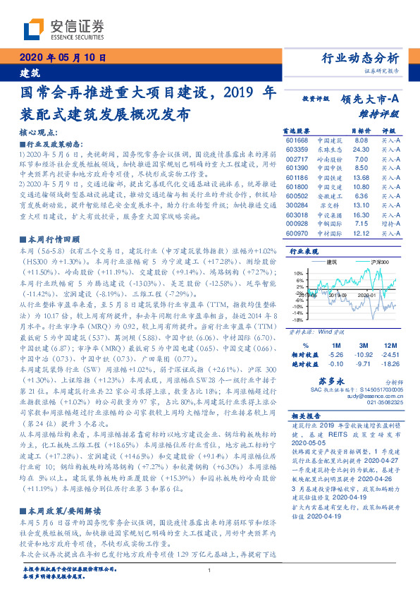 建筑行业动态分析：国常会再推进重大项目建设，2019年装配式建筑发展概况发布