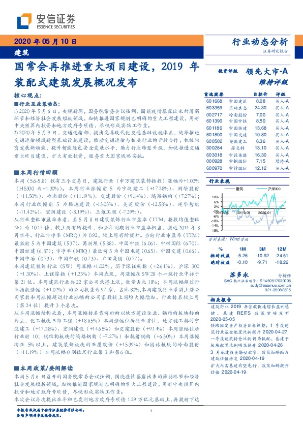 建筑行业动态分析：国常会再推进重大项目建设，2019年装配式建筑发展概况发布