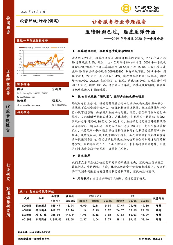 社会服务2019年年报及2020年一季报分析：至暗时刻已过，触底反弹开始