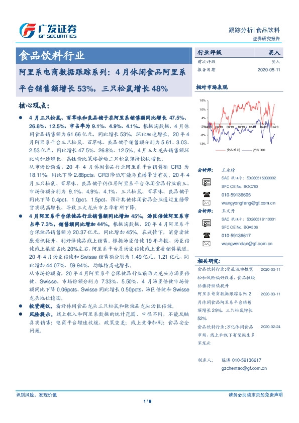 食品饮料行业跟踪分析：阿里系电商数据跟踪系列：4月休闲食品阿里系平台销售额增长53%，三只松鼠增长48%