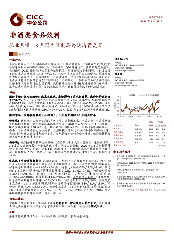 非酒类食品饮料：乳业月报：3月国内乳制品终端消费复苏