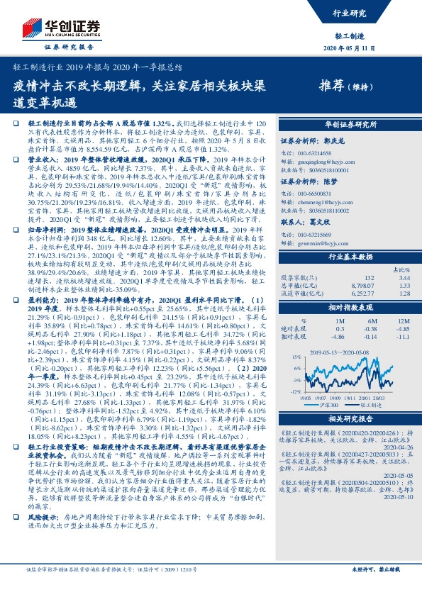 轻工制造行业2019年报与2020年一季报总结：疫情冲击不改长期逻辑，关注家居相关板块渠道变革机遇