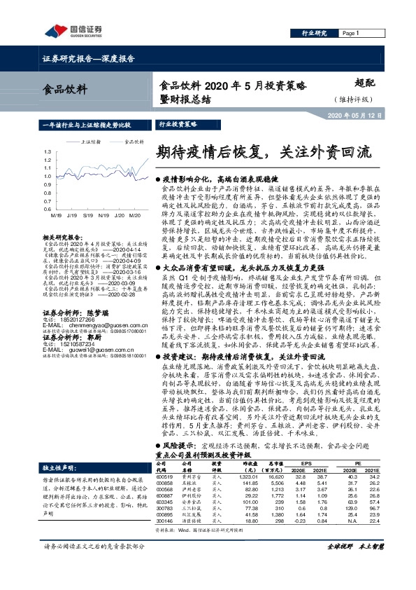 食品饮料2020年5月投资策略暨财报总结：期待疫情后恢复，关注外资回流
