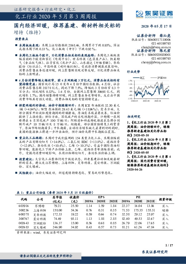化工行业2020年5月第3周周报：国内经济回暖，推荐基建、新材料相关标的