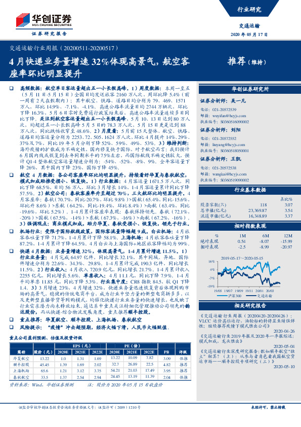 交通运输行业周报：4月快递业务量增速32%体现高景气，航空客推荐（维持）座率环比明显提升