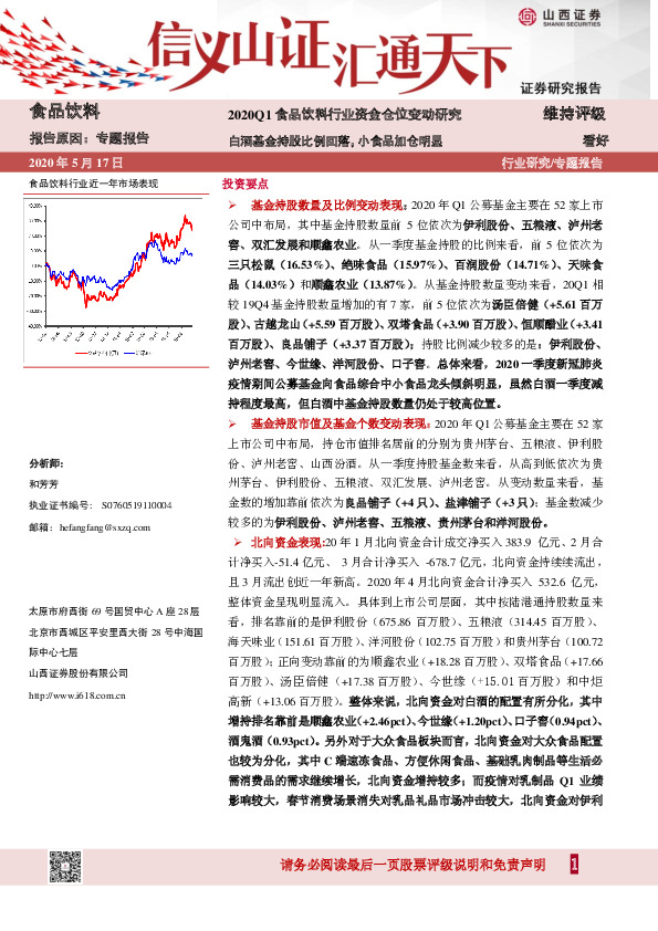 2020Q1食品饮料行业资金仓位变动研究：白酒基金持股比例回落，小食品加仓明显