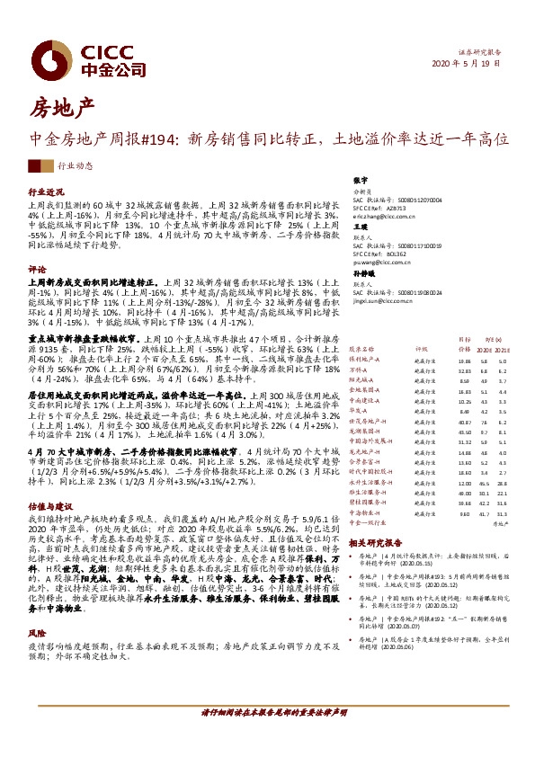 中金房地产周报#194：新房销售同比转正，土地溢价率达近一年高位