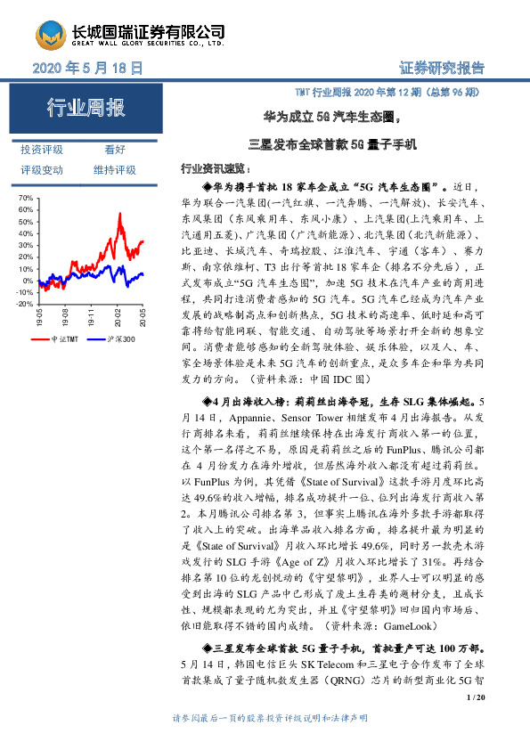 TMT行业周报2020年第12期（总第96期）：华为成立5G汽车生态圈，三星发布全球首款5G量子手机
