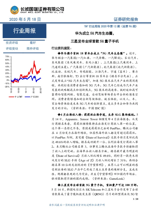 TMT行业周报2020年第12期（总第96期）：华为成立5G汽车生态圈，三星发布全球首款5G量子手机