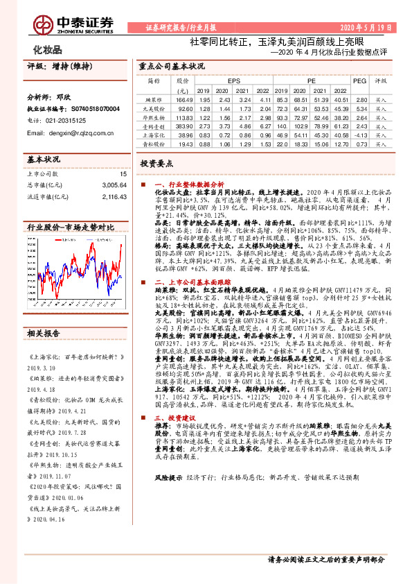 2020年4月化妆品行业数据点评：社零同比转正，玉泽丸美润百颜线上亮眼