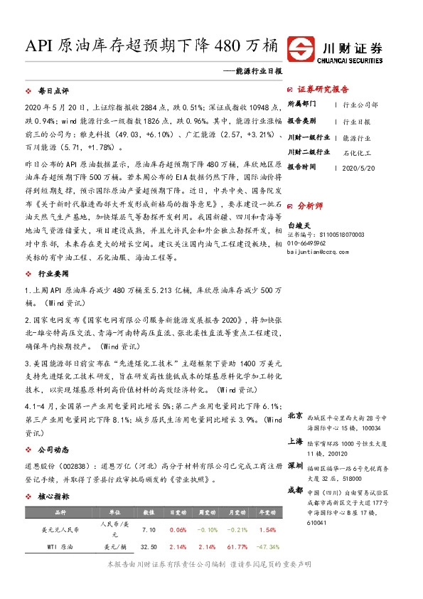 能源行业日报：API原油库存超预期下降480万桶