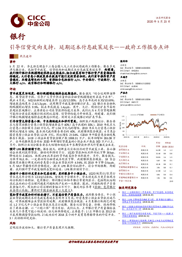 银行-政府工作报告点评：引导信贷定向支持，延期还本付息政策延长