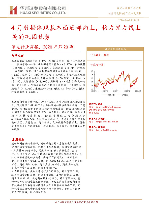 家电行业周报，2020年第20期：4月数据体现基本面底部向上，格力发力线上美的巩固优势