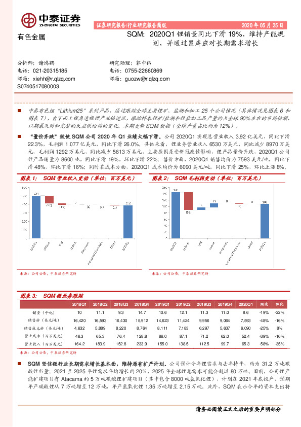 有色金属SQM：2020Q1锂销量同比下滑19%，维持产能规划，并通过累库应对长期需求增长