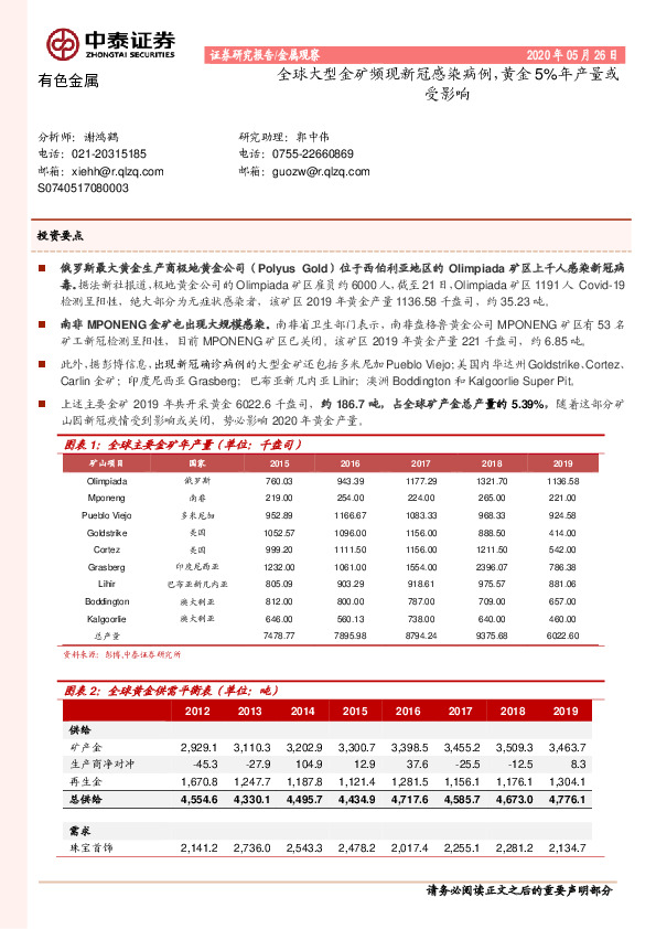 有色金属：全球大型金矿频现新冠感染病例，黄金5%年产量或受影响